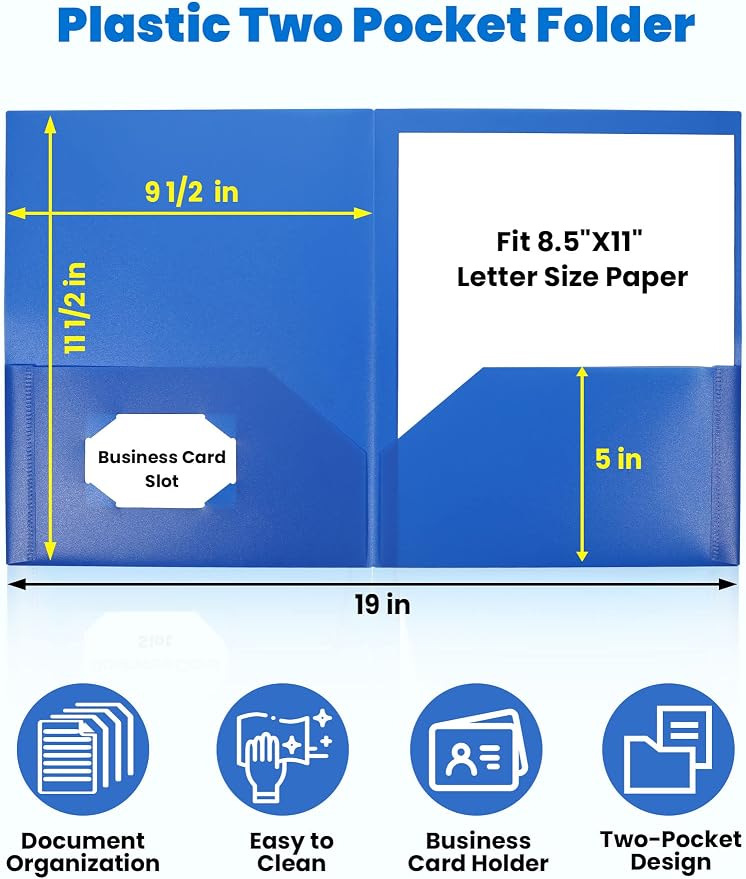 SUNEE 2 Pocket Folders (6 Pack, Blue) Heavy-Duty Plastic Folders with Pockets, Fit 8.5x11 Letter Size Paper, 2-Pocket File Folders for Kids, Home, School, Office