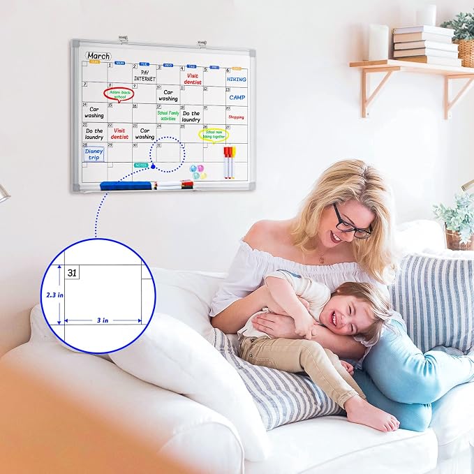 White Board Calendar Dry Erase for Wall, 24" x 18" Aluminum Frame | Magnetic Monthly Planner Board, Wall Mounted or Hanging. Calendar Design Suitable for Daily Planning of Home, Office, Class