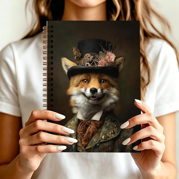 HOXUNQINA Vintage Renaissance Gentleman Fox Journal Notebook 5.5x8.3 | Fox Lover Gifts Journal for Women Men, Whimsical Animal Portrait Aesthetic Notebooks for Work