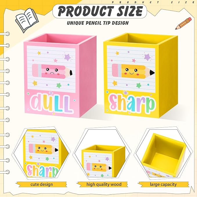DoubleFill 2 Pcs Box Shaped Holder Sharp Dull Holder Wooden Dispenser Pen Storage with Classic Pencil Shaped Design for Back to School Teachers Classroom Organization Accessories