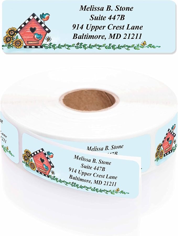 Birdhouse Designer Rolled Address Labels with Elegant Plastic Dispenser