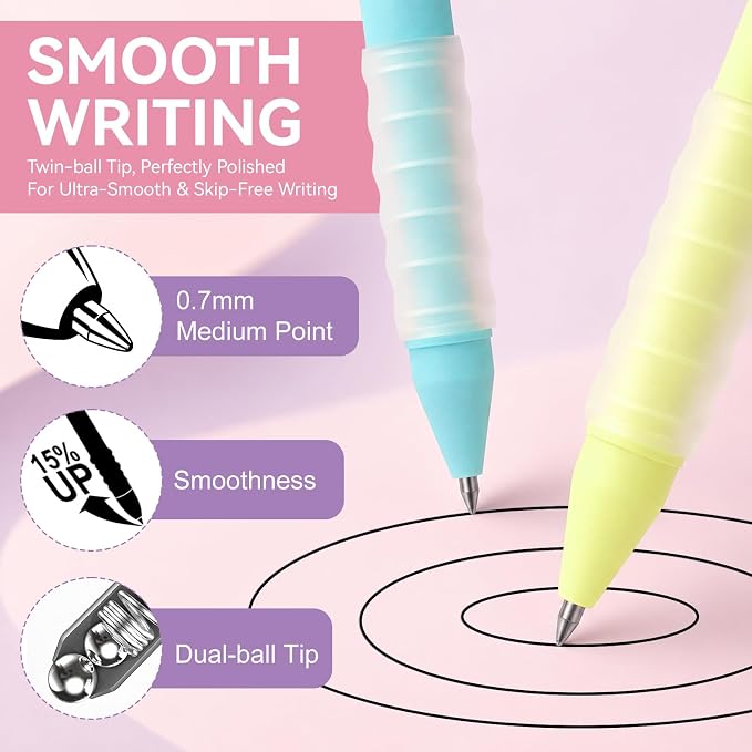 Drawdart Cute Gel Pens, 0.7mm Black Ink, Smooth Writing, Soft Grip, 12 Pack | Retractable Pens with Metal Clip, Ergonomic Silicone Grip, for Journaling Note Taking School Office Supplies