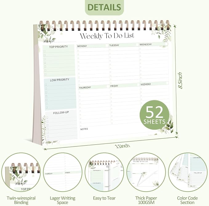Weekly To Do List Notepad, 52 Sheets Undated Weekly Planner, 8.5"x11" Letter Size Horizontal Desk Pad with 100GSM Thick Paper, Twin-Wire Spiral Bound Tear Off Lined Organizer for Office Work, School & Home
