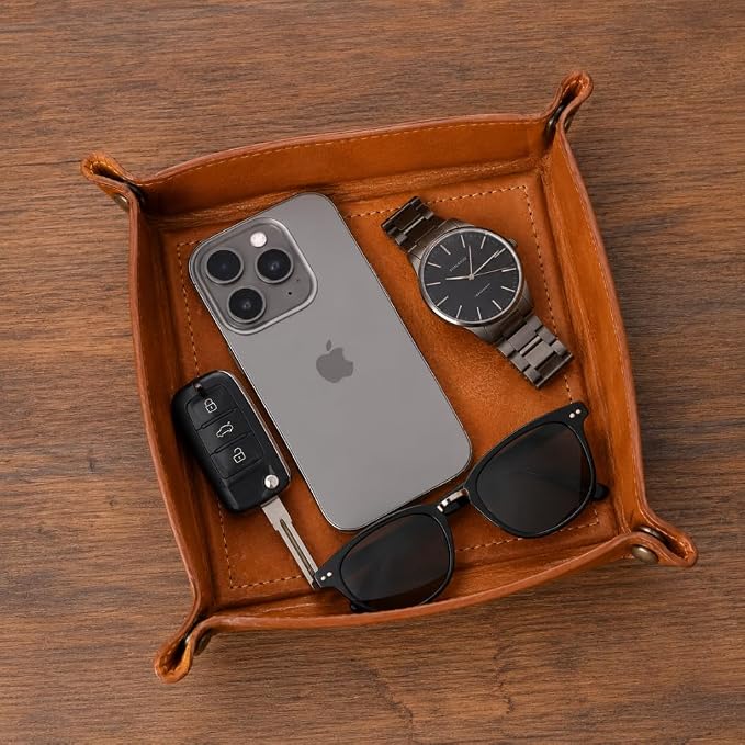Tolredo Handmade Top Grain Leather Valet Tray – Elegant Organizer for Wallet, Keys, and Phone – Saddle Tan (6X6") (Pack of 2)