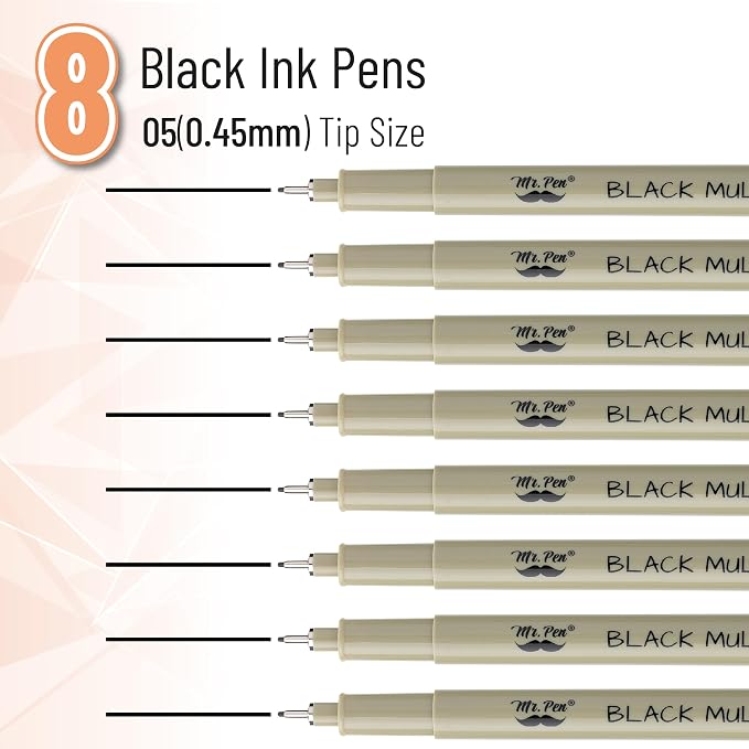 Mr. Pen- 0.45mm Micro Fine Point Pens, 8 Pack, Black Ink, Waterproof | Acid-Free, No-Smear Quick-Dry Fineliner Pens for Drawing, Sketching, Bible Journaling, Outlines & Everyday Writing