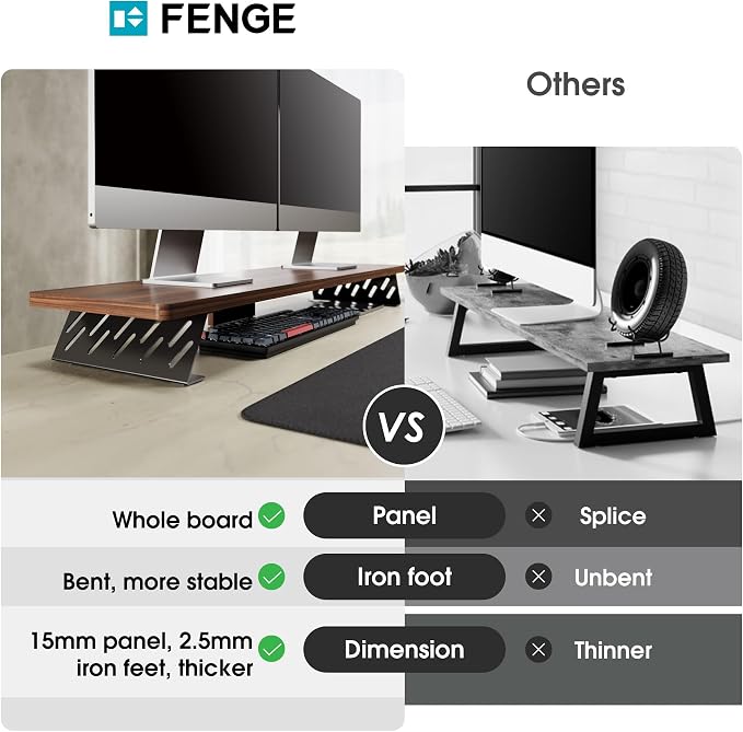 Fenge Monitor Stand Riser, Wooden & Metal Desk Shelf Organizer, Brown | 42.5 Inch Dual Monitor Riser for 2 Monitors, Multifunctional Monitor Shelf for Laptop, PC, Printer