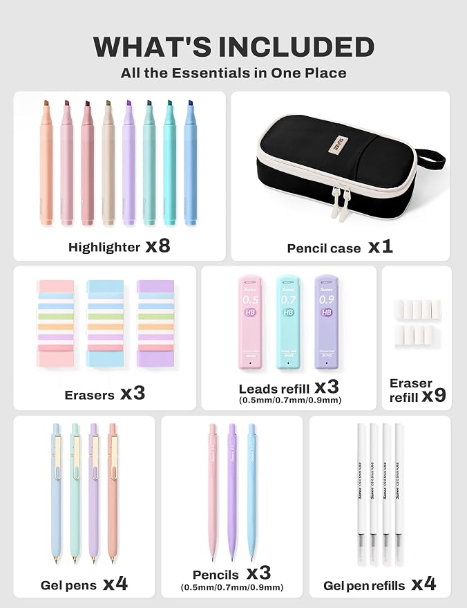 SUNEE 35PCS Aesthetic Stationery Set with Cute Pencil Case, Pastel Highlighters, Black Gel Pens, Mechanical Pencils & Refills, College School Supplies for Students Black