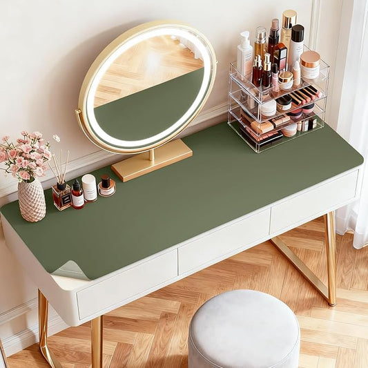 LovePads Makeup Mat for Vanity, 16 x 36 Dual-Sided Desk Pad & Vanity Cover Top, Waterproof PVC Protector Mat for Dresser, Nail Art, Craft Table (Green+Grey)