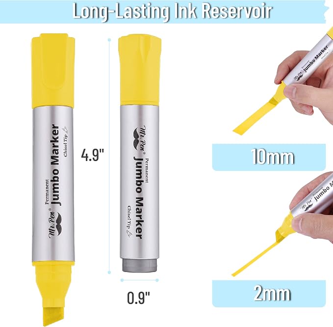 Mr. Pen- Jumbo Permanent Markers, 4 Pack, Yellow, Chisel Tip, Wide Tip | Large, Thick Permanent Markers for Canvas, Posters Board, Fabric, Window, Glass, Wood, Waterproof, Quick Dry