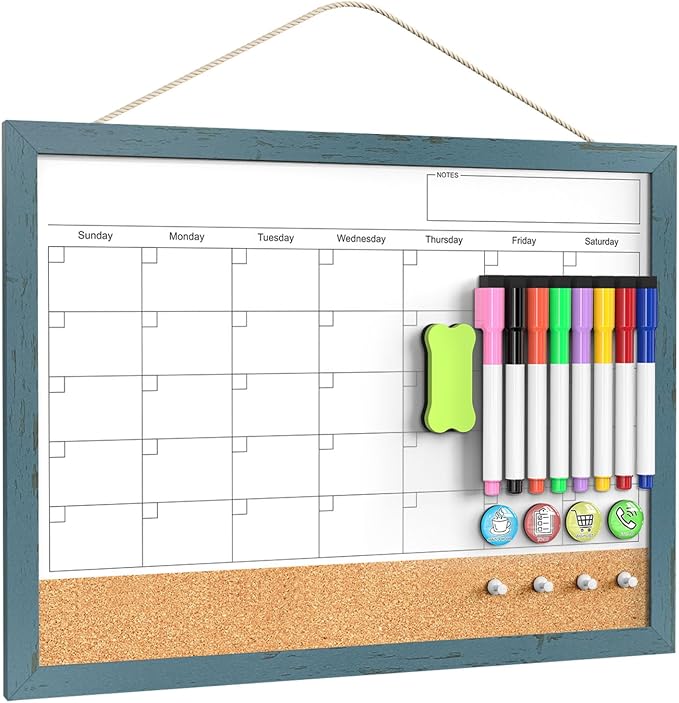 Whiteboard Calendar & Corkboard for Wall, 17x13 Inches Dry Erase Monthly Calendar with Wood Framed, Magnetic White Board Cork Board Combo, Bulletin Board for Home Office Kitchen Memo Planner