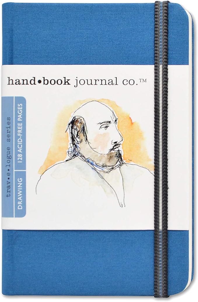 Handbook Journal Co. Sketch Book - Pocket Portrait 5.5 x 3.5 in Ultramarine European Linen-Bound Hard Cover, 128 Pages (64 Sheets) of 130 GSM Acid-Free Art Drawing Paper, Pocket and Elastic Closure