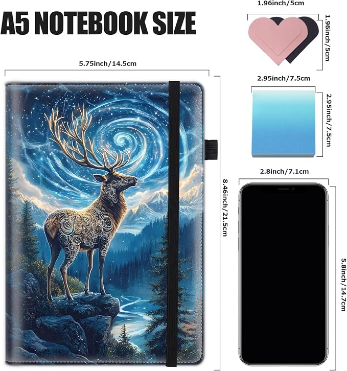 Hardcover Executive Notebooks, A5 PU Leather Lined Journal Notebook, 200 Pages Thick Paper Subject Notebooks for School,Work,Home Writing Business Notebook, Diary Book, Deer in Forest