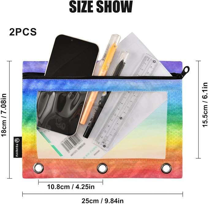ALAZA Pencil Pouch for 3 Ring Binder, Colorful Stripe Rainbow Binder Pencil Pouches with Clear Window Zipper Pencil Case Cosmetic Bags for Office College Supplies, 2PCS