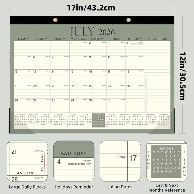ZTX Desk Calendar 2026-2027,18 Months Calendar from July 2026 to December 2027,17" x 12" Big Calendars 2026-2027 Monthly Planner with Plastic Cover for Teacher Home Desk Top Green