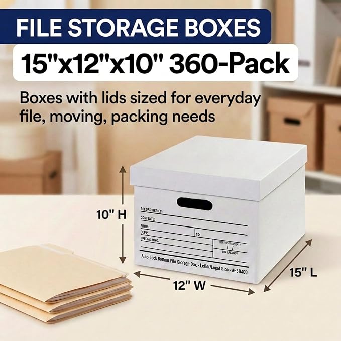 BOX USA File Boxes with Lids and Handles (360-Pack) - File Storage Boxes for Office Supplies, Book Storage, Moving, and Packaging, Fits Letter and Legal Paper, Removable Lid