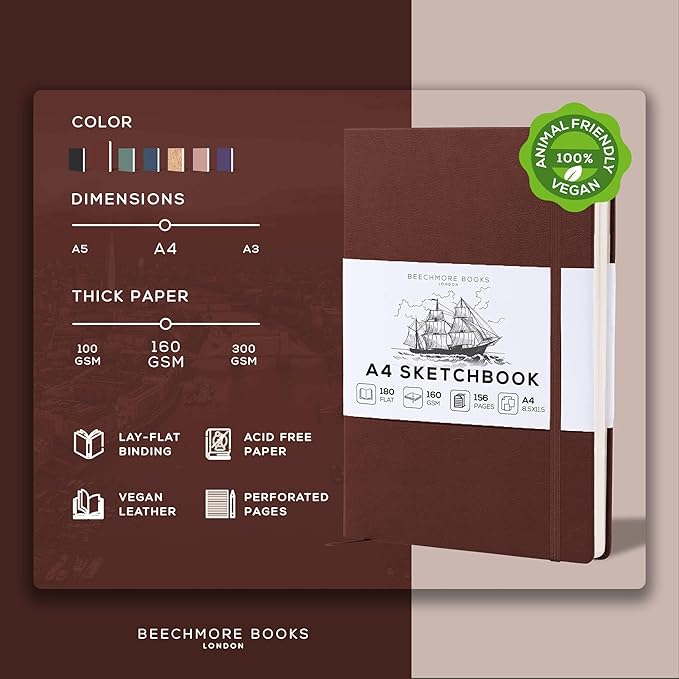 Beechmore Books A4 Mixed Media Sketchbook - 8.5"x11" Hardcover Lay-Flat Art Journal, 160 GSM / 98 lb Professional Ivory Paper, 156 Perforated Pages, Gift Box, Ink, Drawing and Light Watercolor