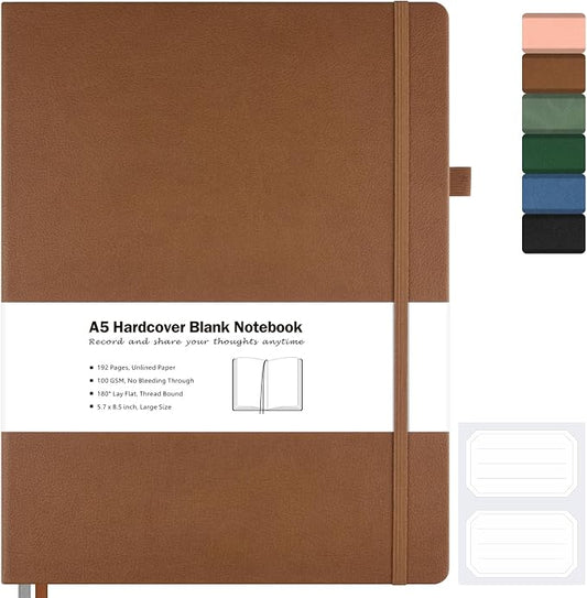 Blank Notebook, Hardcover Sketchbook, Leather Unlined Journal for Women Men | No Bleed Thick Paper Sketch Book for Drawing/Writing/Journaling, Lay Flat, A5 Portable Size for Work, School, and Travel