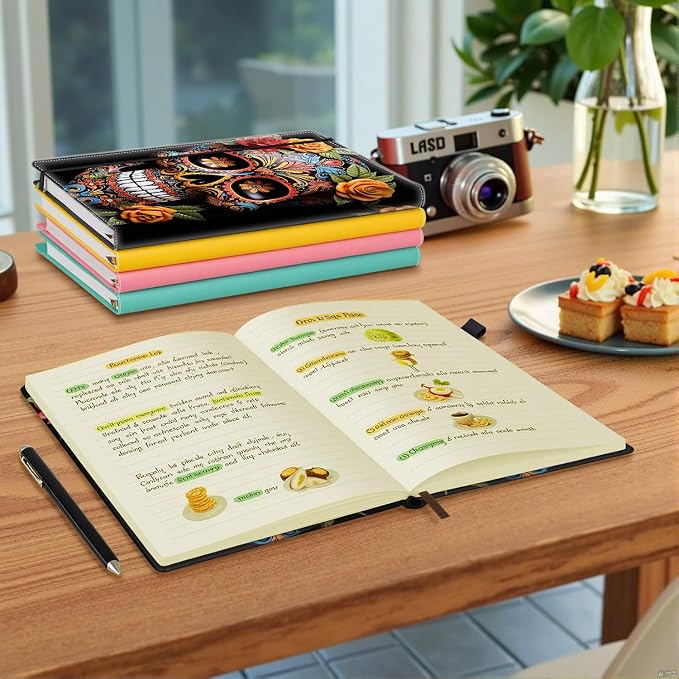 Hardcover Executive Notebooks, A5 PU Leather Lined Journal Notebook, 200 Pages Thick Paper Subject Notebooks for School,Work,Home Writing Business Notebook, Diary Book ， Sugar Skull Rose
