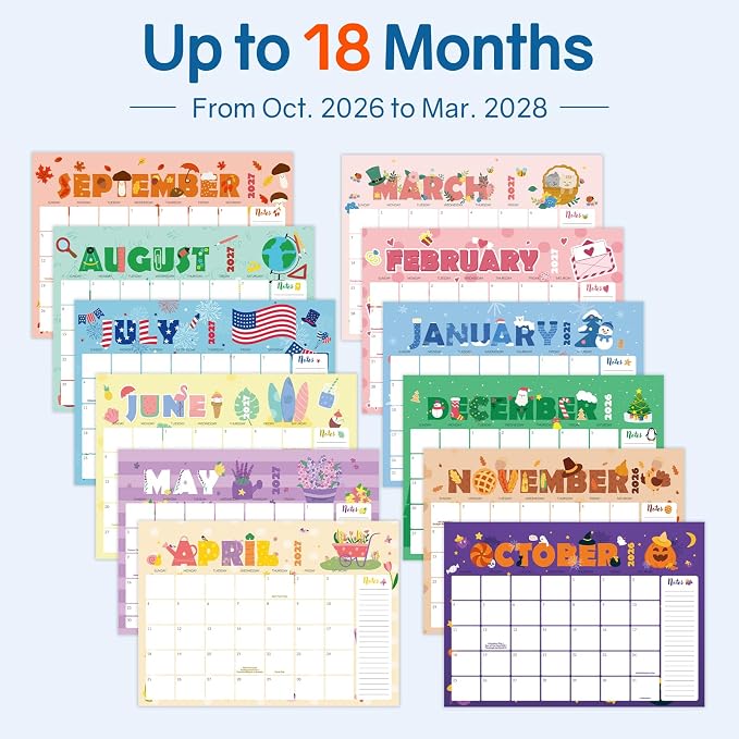 SUNEE Desk Calendar 2027 - 17" x 12" Desk Pad Calendar, 18-Month Monthly Planner Oct. 2026 - Mar. 2028, Desktop Calendar with 308 Planner Stickers, Plastic Protective Corners for Office, School and Home, Cute