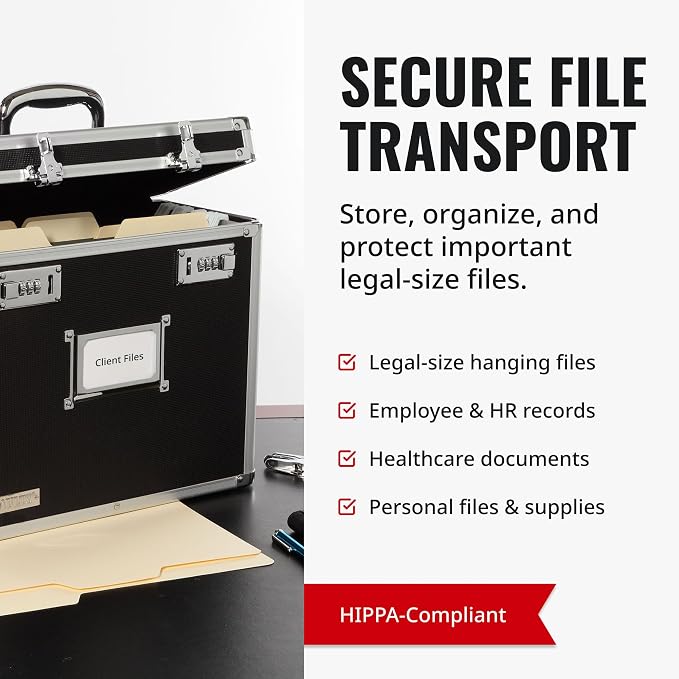 Vaultz File Organizer Storage Box - 14 x 7.25 x 12 Inch Legal Size, Portable Locking Storage Totes with Dual Combination Locks for Filing Office Documents - Black