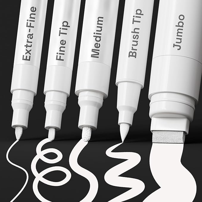 ARTISTRO White Paint Pens - Various Tips - Set of 5 | Acrylic Paint Markers, Water-Based, For Rock, Glass, Ceramic, Wood, Tire, Fabric, Metal, Canvas, Marking, Painting