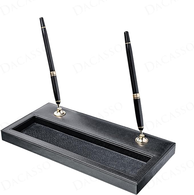 Dacasso Classic Black Leather Double Pen Stand w/Gold Accents - Luxury Executive Decor and Office Desk Surface Protector