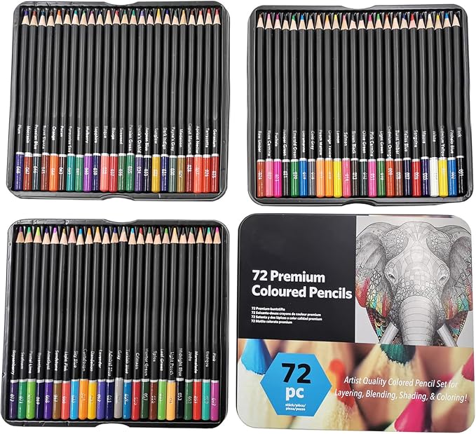 72 Colored Pencils Sets, 2B Hardness Soft Core Easy Coloring Drawing Sketching High Color Solidity Oily Color Pencil with Iron Box for Artists Adult School Supplies