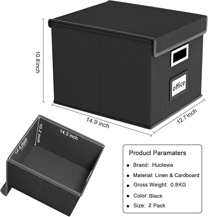 File Organizer Boxes with Lids, Collapsible Linen Hanging Filing & Storage Boxes with Plastic Slide for Office/Decor/Home, Filling System for File/Folders/Document Storage -2 Pack