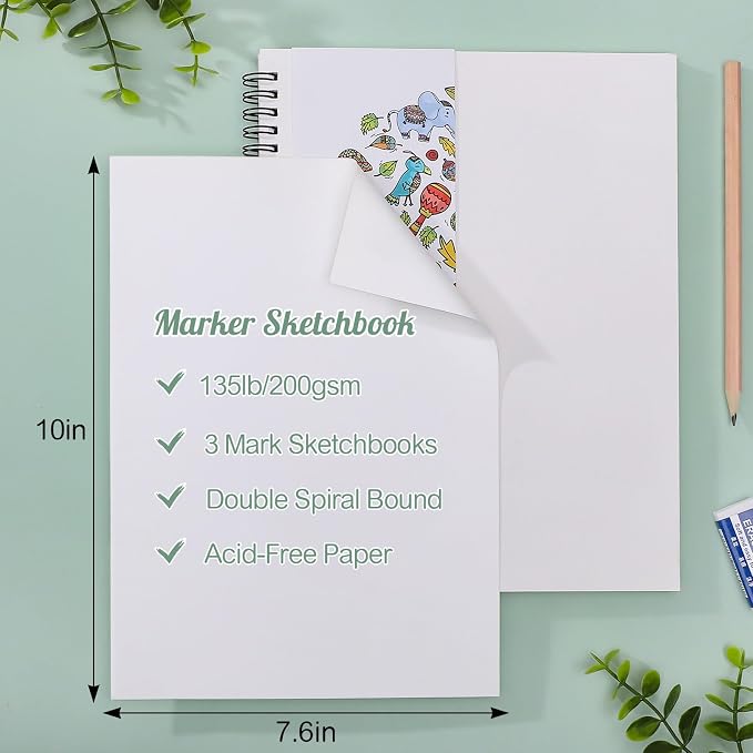 3 Pack Marker Paper Pad, 7.6×10in Double Sided Bleedproof Sketch Pad, 135lb/200gsm Art Paper Spiral Sketchbook, Smooth Coloring Painting Alcohol Marker Paper for DIY, Drawing, Gift