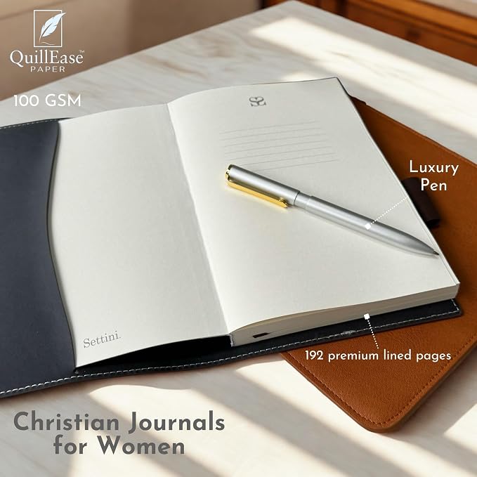 SETTINI® Refillable Vegan Leather Journal with Pen, Be Still Pink | refillable insert system, luxury pen, 192 pages, vegan leather, A5, lined refill, faith gift