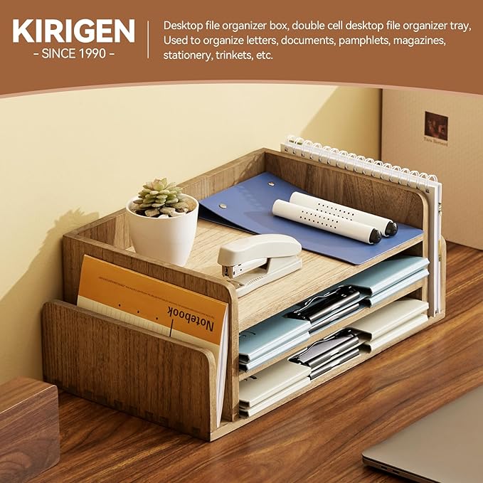 KIRIGEN Wood Desk Organizer, 5-Tray Letter Tray and Mail Sorter, Brown 2TP | Solid Wood 3-Tier Desktop Organizer with 5 Storage Areas for Mail, Folders, Letter Paper and Office Supplies, Fully Assembled