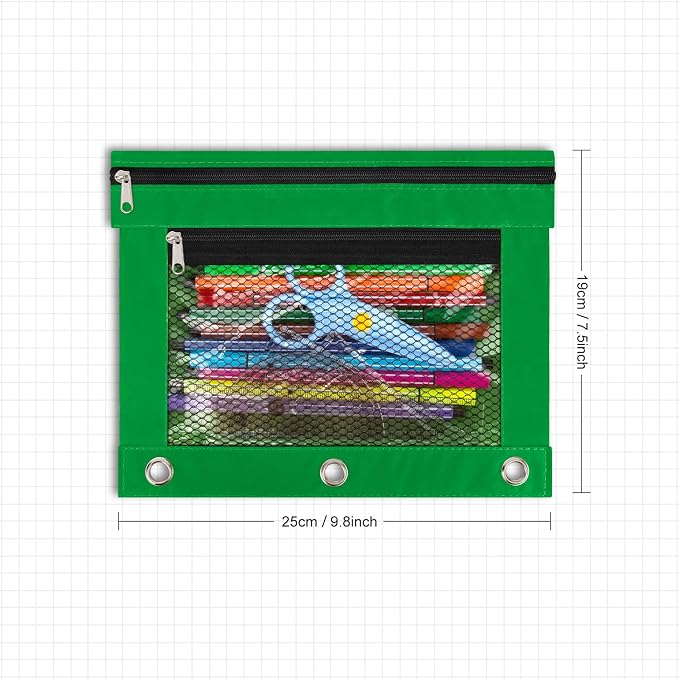 IKAYAS 3 Pack Pencil Pouch for 3 Ring Binder with Zipper, Pouch Bags for Classroom, Storing School Supplies, Green
