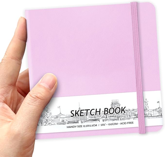 5" x 5" Hardcover Sketch Book,58 Sheets Small Mixed Media Pocket Sketch Pad | PU Cover,150 GSM Acid Free Artist Drawing Paper,Travel Journal Blank Notebook for Adults Sketching,Illustration.Purple Pink