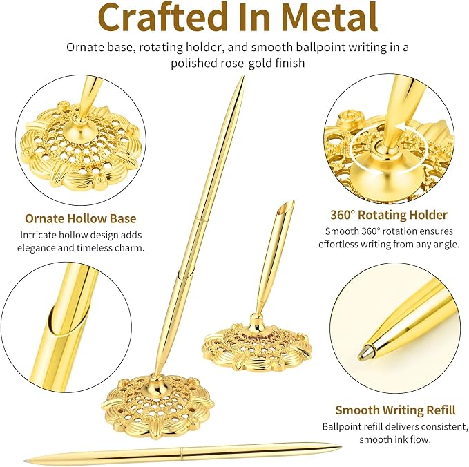 2 Pcs Gold Bridal Shower Pens for Guest Book with 360° Rotating Metal Pen Holder, Wedding Guest Book Signing Pen Set, Durable Metal Ballpoint Pens for Reception Table Decor