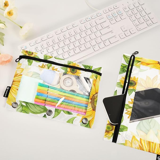 ALAZA Yellow Sunflower Flower Pencil Pouch for 3 Ring Binder 2 Pack Zipper Binder Pencil Bag Case with Clear Window Office Supplies