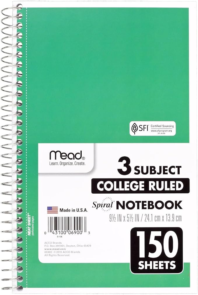 Mead Small Spiral Notebook, 3-Subject, College Ruled Paper, 9-1/2" x 5-1/2", 150 Sheets per Notebook, Color Will Vary, 1 Count (06900)