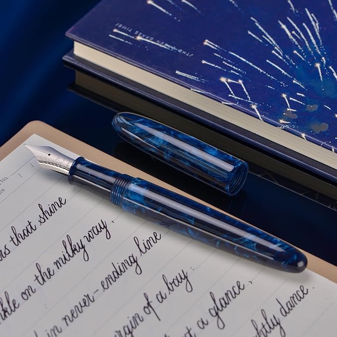 Asvine C80 Fountain Pen #8 Fine Nib Large Handcraft Pen with Converter Pen Case Collection Set (Galaxy Blue)