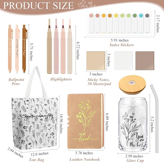 14 Pcs Inspirational Journal Kit for Women Aesthetic A6 Leather Journal Notebook Glass Cup Canvas Tote Bag Motivational Pen Stationery Set for Vbs Sunday School Teacher Back to School(White)