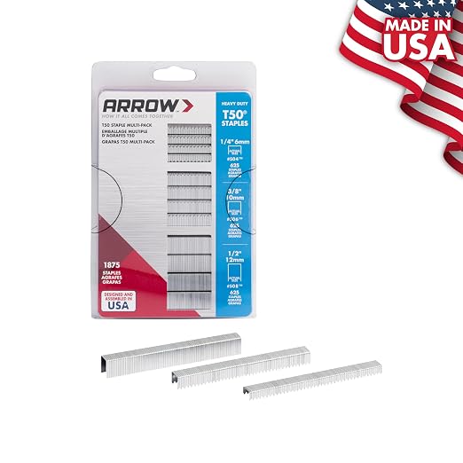 Arrow 50MP T50 Staples Multipack, 1/4", 3/8" and 1/2" Sizes, 1875 Count | Heavy Duty, For Upholstery, Construction, Furniture, Crafts, Fit Arrow T50 Staple Guns, Hammer Tackers and Pneumatic Tools