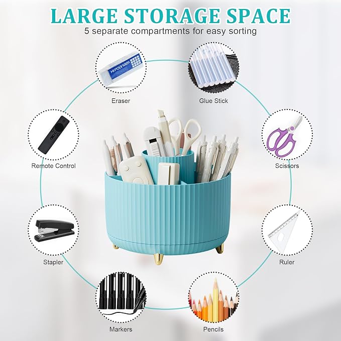 SAYEEC Rotating Pen Holder 5 Slots Desk Organizer with Adjustable Phone Stand Blue Makeup Brush Holder Organizer Cute Pencil Cup Pot Art Supply Storage Box Caddy for Office School Vanity Bathroom