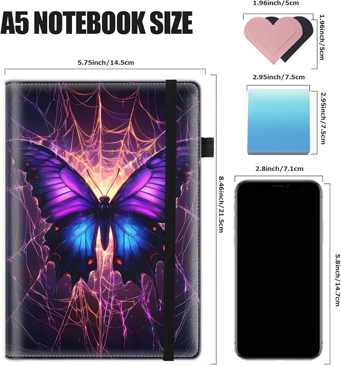 Hardcover Executive Notebooks, A5 PU Leather Lined Journal Notebook, 200 Pages Thick Paper Subject Notebooks for School,Work,Home Writing Business Notebook, Diary Book ，Purple Butterfly Spider Web