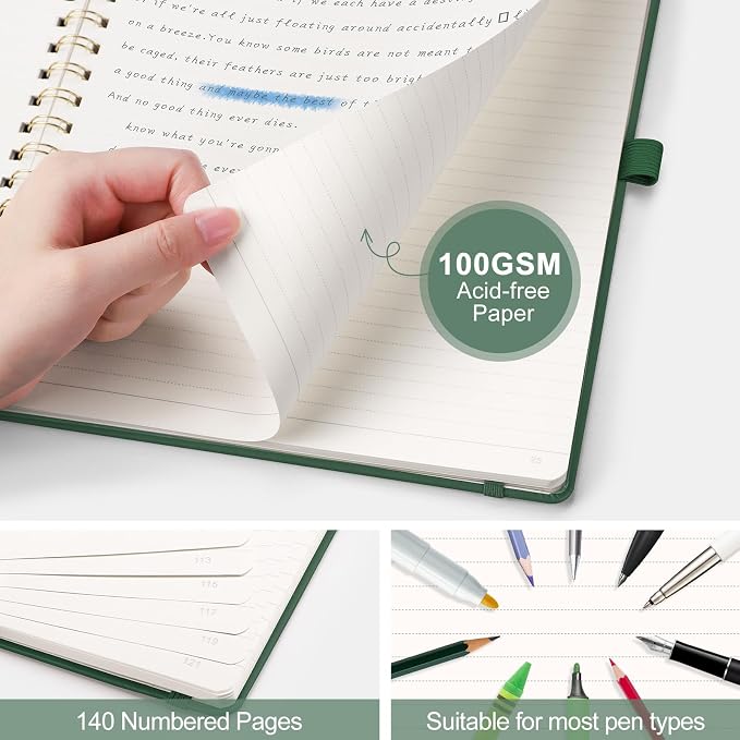 AHGXG Lined Spiral Journal Notebook, 140 Pages, B5 (7.6" x 10") | Journals for Women, Hardcover Leather Notebook College Ruled, 100 GSM Paper, for Work School Note Taking (Dark green)