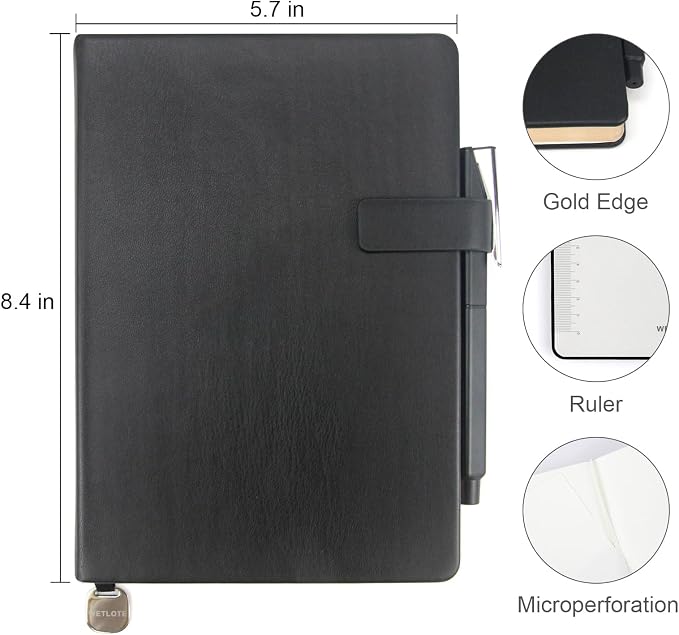 Hardcover Leather Journal Notebook A5 Blank 212 Pages 5x8.25 Inches Gold Edged Pages with Strap Closure Travel Work School Writing Journaling Notebooks for Women Men Gift Box Packaging Black