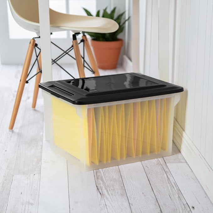 Sterilite File Box, Stackable Storage Bin with Lid, Organize Receipts, Bills, Taxes and Papers in the Home, Office, Clear Base with Black Lid, 16-Pack