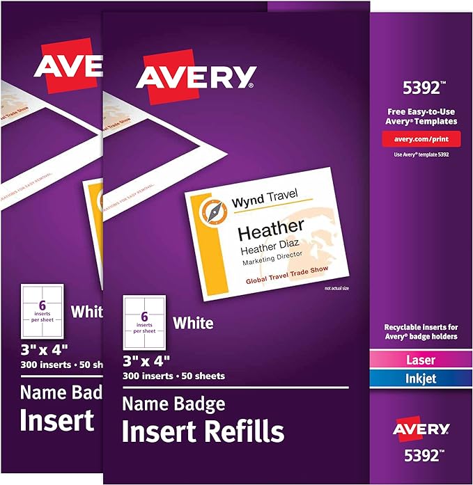 Avery Customizable Name Badge Inserts, 3" x 4", White, 2 Packs of 300, 600 Printable Name Tag Inserts Total (35392) | 2 Packs of 300, Printable Name Tag Inserts