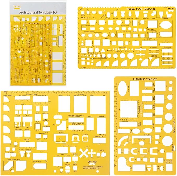 Mr. Pen- House Plan, 3 pcs, Interior Design and Furniture Templates | Clear Flexible Plastic, Drafting Tools, Ruler Shapes for Architecture, 1/4 Inch Scale, Kitchen, Bath, Bedroom, Office