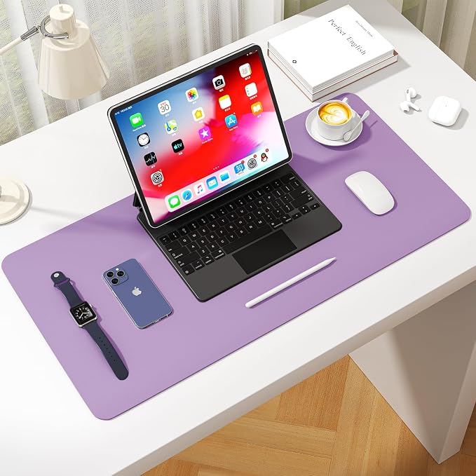 Leather Desk Pad Protector, Waterproof Mouse Pad, PU Desk Mat, Office Desk Cover, Desk Writing Mat for Office/Home/Work/Cubicle (Purple) 35.4x17 in