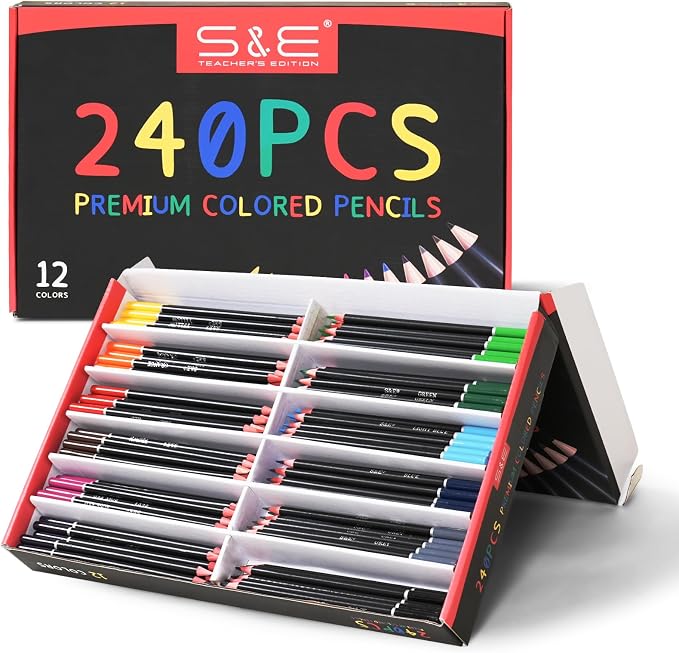 S & E TEACHER'S EDITION Colored Pencils 240Pcs, Pre-sharpened Super Soft Core Lead, Colored pencils,In Drawing Pencils, Woodcase Lead Pencils