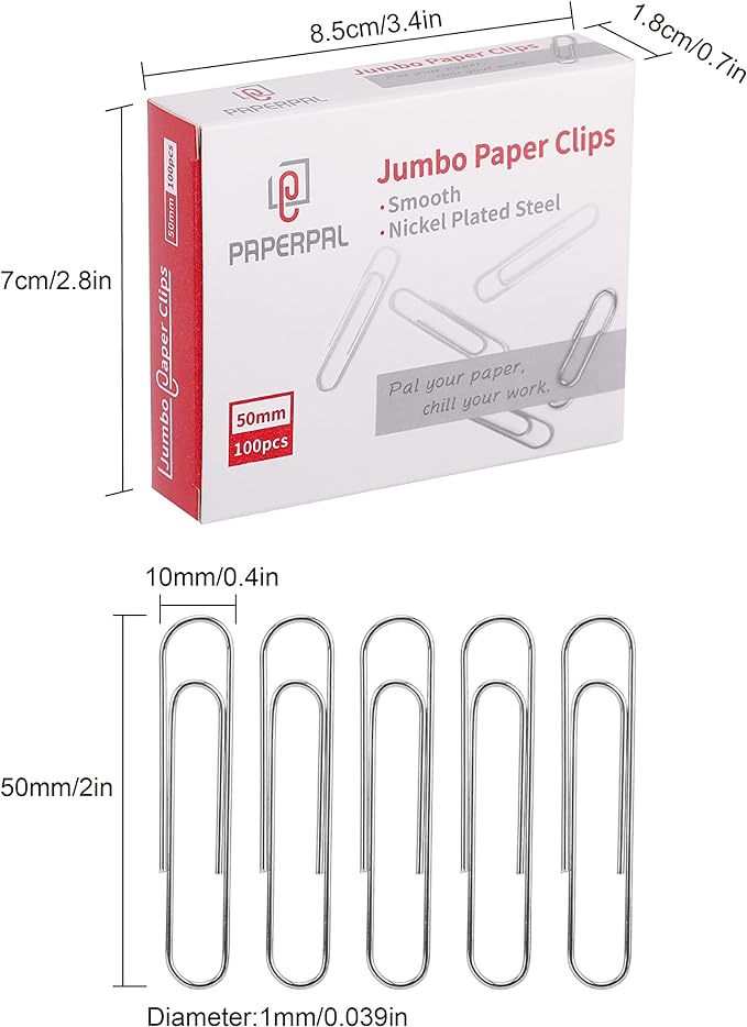 PAPERPAL Paperclips for Office School & Personal Use, Jumbo Smooth Paper Clip (2"), 300 Large Paper Clips (3 Boxes of 100 Each), Silver | Large paper clips for office, school and personal use, conveniently packed in 3 boxes of 100 each.
