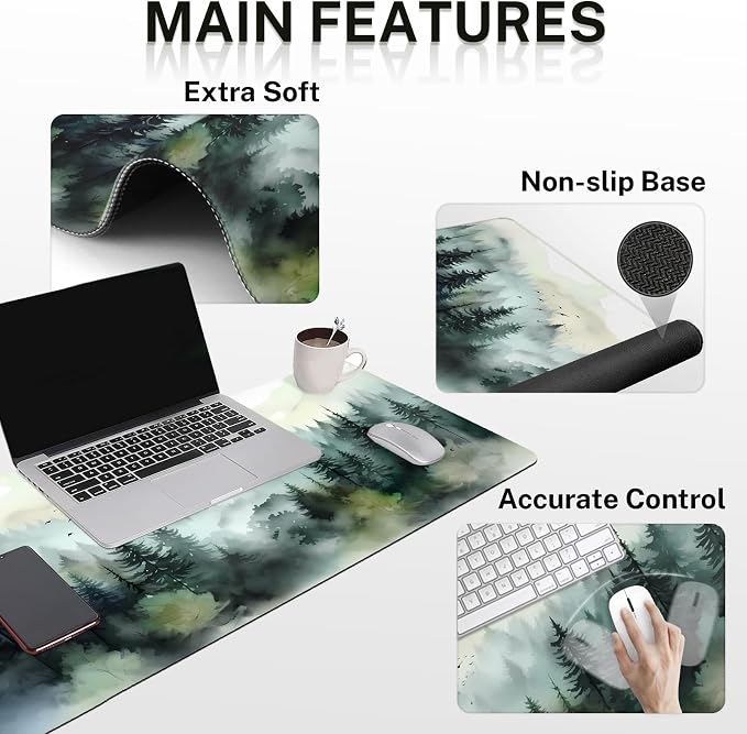 Britimes Green Ink Style Mountain Forest Keyboard Mouse Pad Set 4in1 Large Mousepad+Keyboard Wrist Rest+Mouse Wrist Rest+Coaster Set with Ergonomic Design for Home Office Computer 35.4x15.7 inches